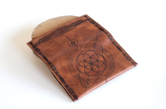 Brown Leather Personalised Tobacco Pouch: Seed of Life Sacred Geometry Rolling Case