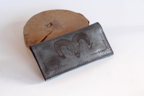 Grey Leather Tobacco Pouch With Goat Skull |Ram Horn Personalized Rolling Bag - Image 3