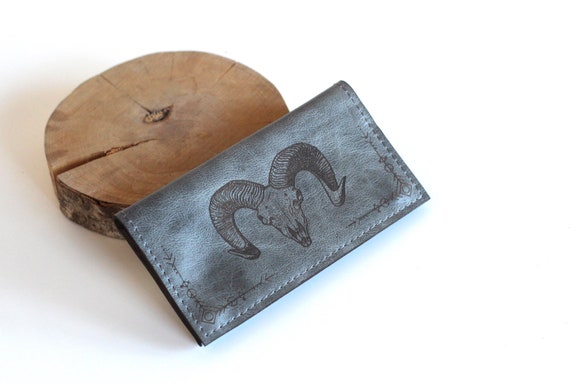 Grey Leather Tobacco Pouch With Goat Skull |Ram Horn Personalized Rolling Bag