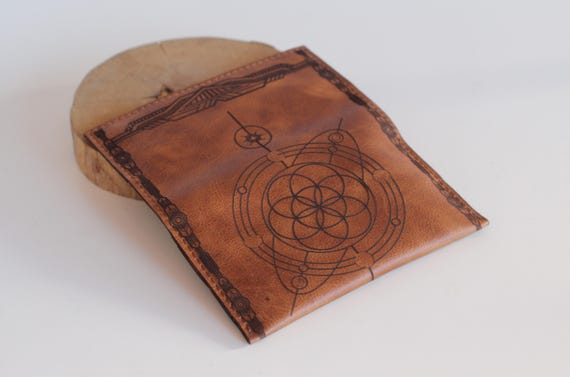 Alternative view of Brown Leather Personalised Tobacco Pouch: Seed of Life Sacred Geometry Rolling Case