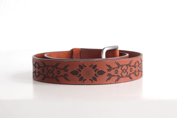 Laser Engraved Leather Belt: Geometric Tribal Pattern, Unisex - Image 3