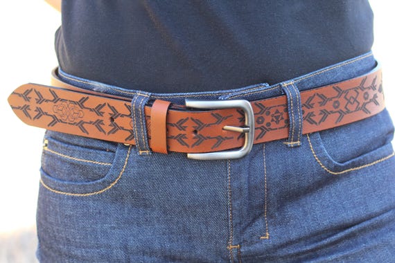 Laser Engraved Leather Belt: Geometric Tribal Pattern, Unisex - Image 8