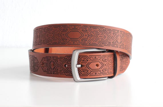 Art Deco Leather Belt: Laser Engraved Geometric Pattern