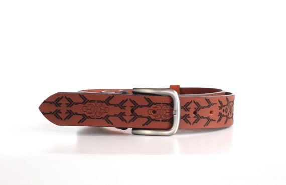 Alternative view of Laser Engraved Leather Belt: Geometric Tribal Pattern, Unisex