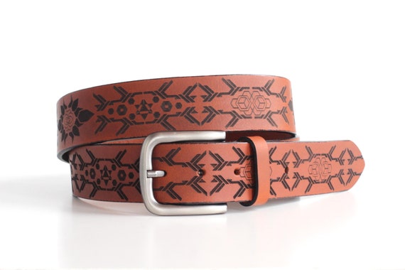 Laser Engraved Leather Belt: Geometric Tribal Pattern, Unisex