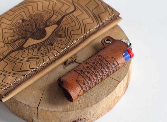 Leather Lighter Case With 64 Tetrahedron | Brown Lighter Holder | 64 Star Grey Sleeve | Smoking Accessory