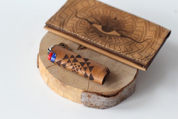 Alternative view of Genuine Leather Lighter Case Sri Yantra | Sacred Geometry Lighter Cover| Smoking Accessory | Lighter Sleeve Brown | Gray Leather