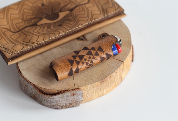 Genuine Leather Lighter Case Sri Yantra | Sacred Geometry Lighter Cover| Smoking Accessory | Lighter Sleeve Brown | Gray Leather