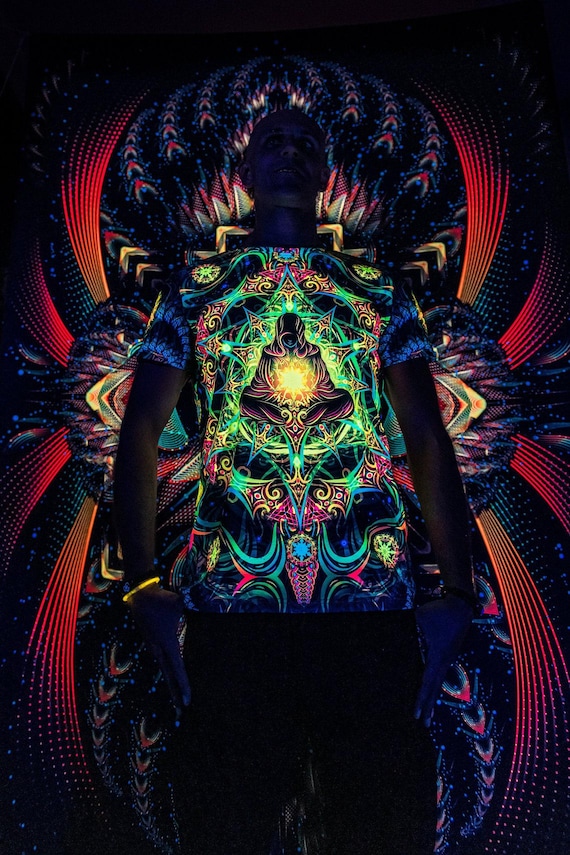 Blacklight Psychedelic and Neon Ultraviolet Active T-shirt "Reincarnation 2.0" for Men and Unisex, Psytrance Goa Party