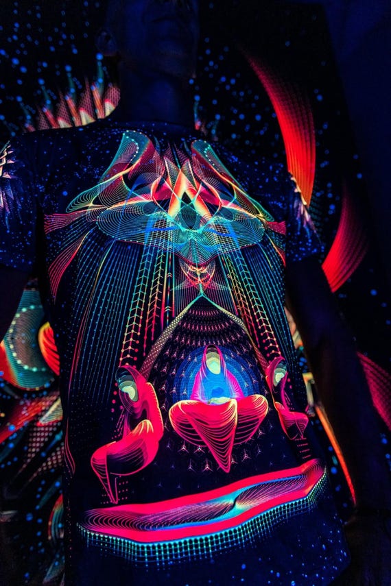 Blacklight Psychedelic and Neon Ultraviolet Active T-shirt "Star Temple" for Men and Unisex, Psytrance Goa Party