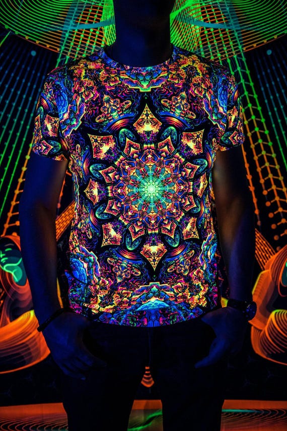 Blacklight Psychedelic and Neon Ultraviolet Active T-shirt "Quantum Particle" for Men and Unisex, Psytrance Goa Party