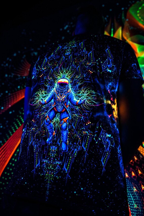 Alternative view of Blacklight Psychedelic and Neon Ultraviolet Active T-shirt "Lost Astronaut" for Men and Unisex, Psytrance Goa Party