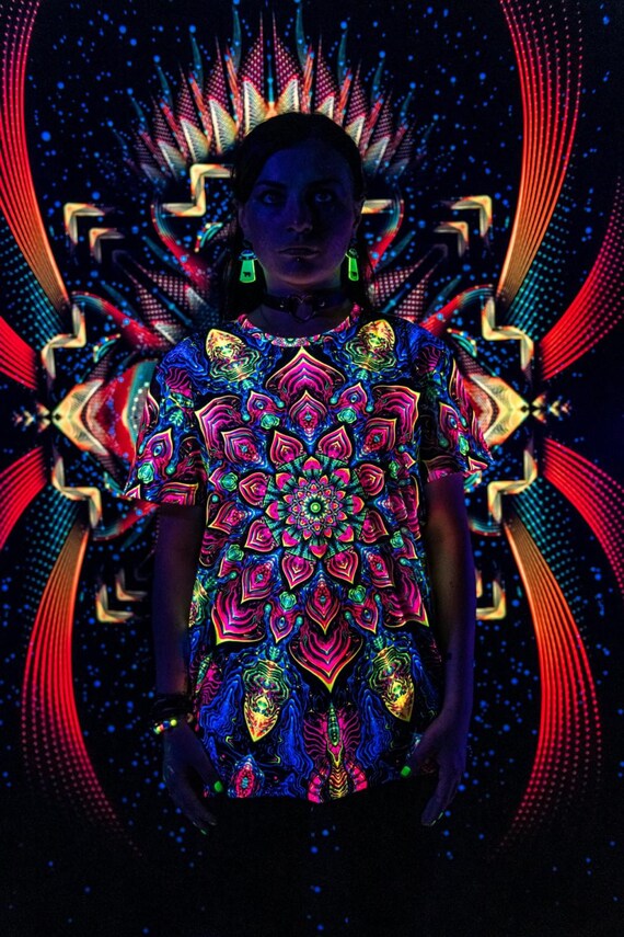 Alternative view of Blacklight Psychedelic and Neon Ultraviolet Active T-shirt "Impressive Awakening" for Men and Unisex, Psytrance Goa Party