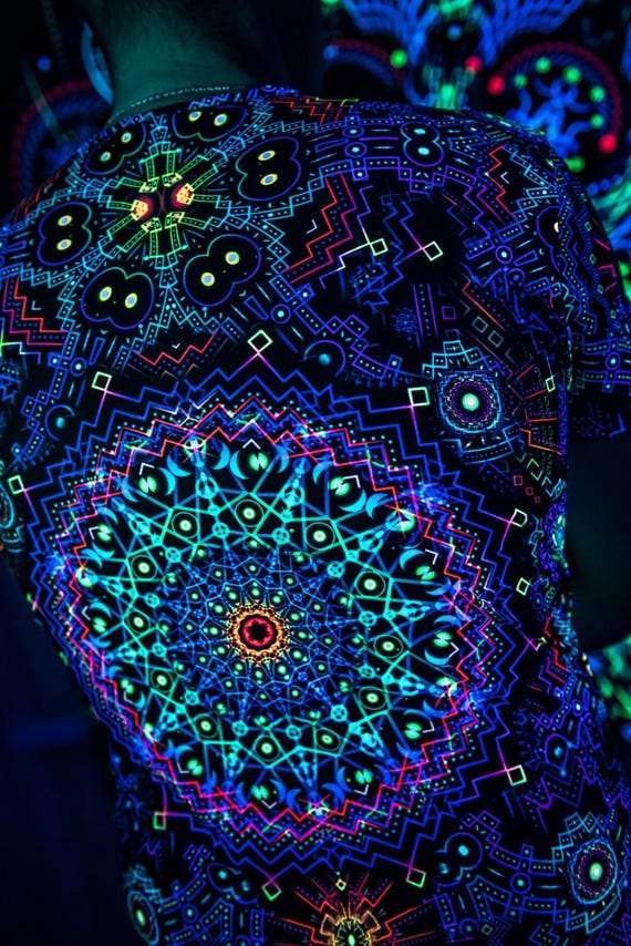 Alternative view of Blacklight Psychedelic and Neon Ultraviolet Active T-shirt "Fractal Depths" for Men and Unisex, Psytrance Goa Party
