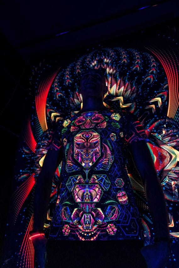 Blacklight Psychedelic and Neon Ultraviolet Active T-shirt "Terraformer" for Men and Unisex, Psytrance Goa Party
