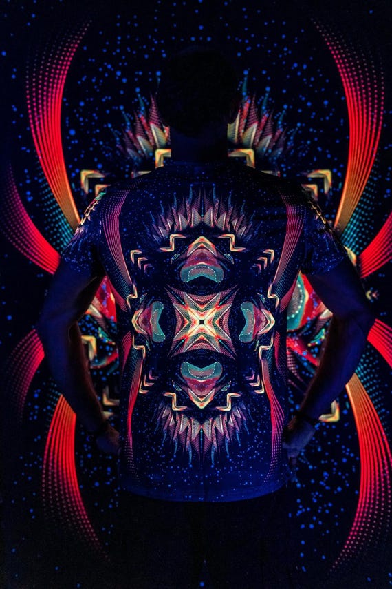 Alternative view of Blacklight Psychedelic and Neon Ultraviolet Active T-shirt "Star Temple" for Men and Unisex, Psytrance Goa Party