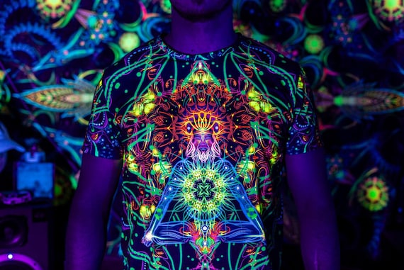 Blacklight Psychedelic and Neon Ultraviolet Active T-shirt "Reincarnation" for Men and Unisex, Psytrance Goa Party