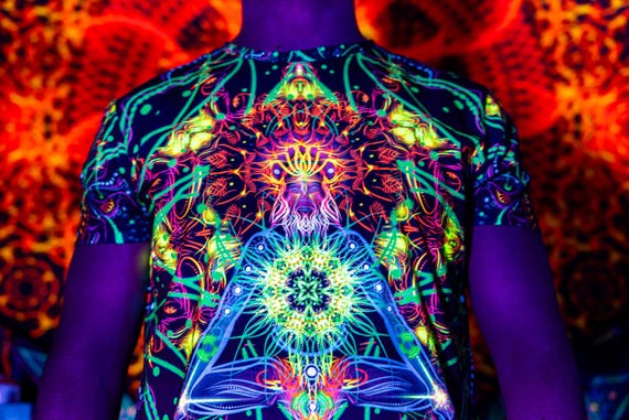 Alternative view of Blacklight Psychedelic and Neon Ultraviolet Active T-shirt "Reincarnation" for Men and Unisex, Psytrance Goa Party