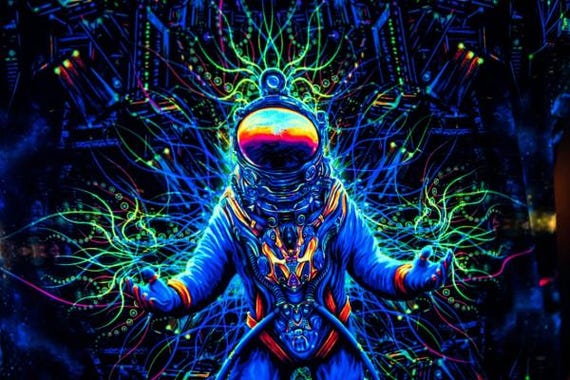 Blacklight Psychedelic and Neon Ultraviolet Active T-shirt "Lost Astronaut" for Men and Unisex, Psytrance Goa Party - Image 3