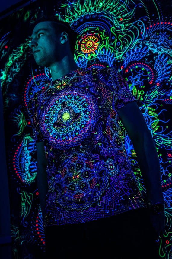 Blacklight Psychedelic and Neon Ultraviolet Active T-shirt "Fractal Depths" for Men and Unisex, Psytrance Goa Party