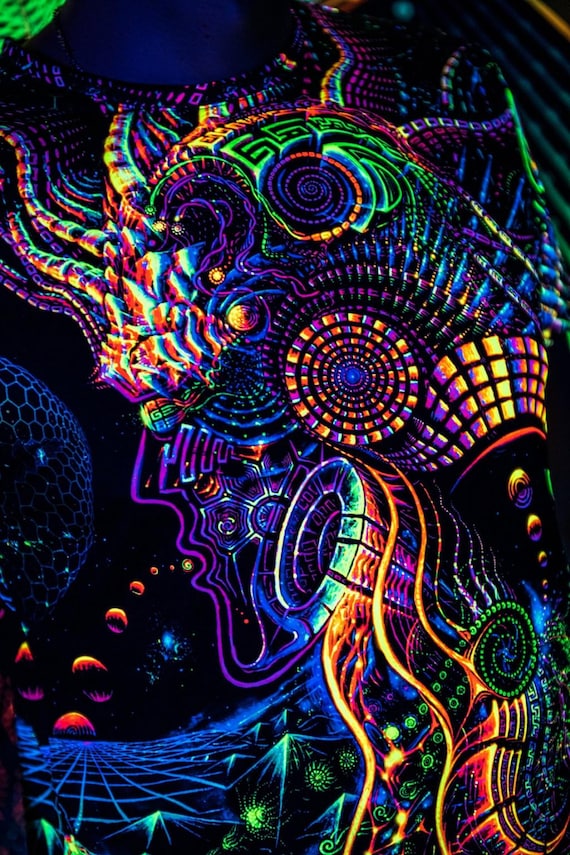 Alternative view of Blacklight Psychedelic and Neon Ultraviolet Active T-shirt "Fluororunner" for Men and Unisex, Psytrance Goa Party