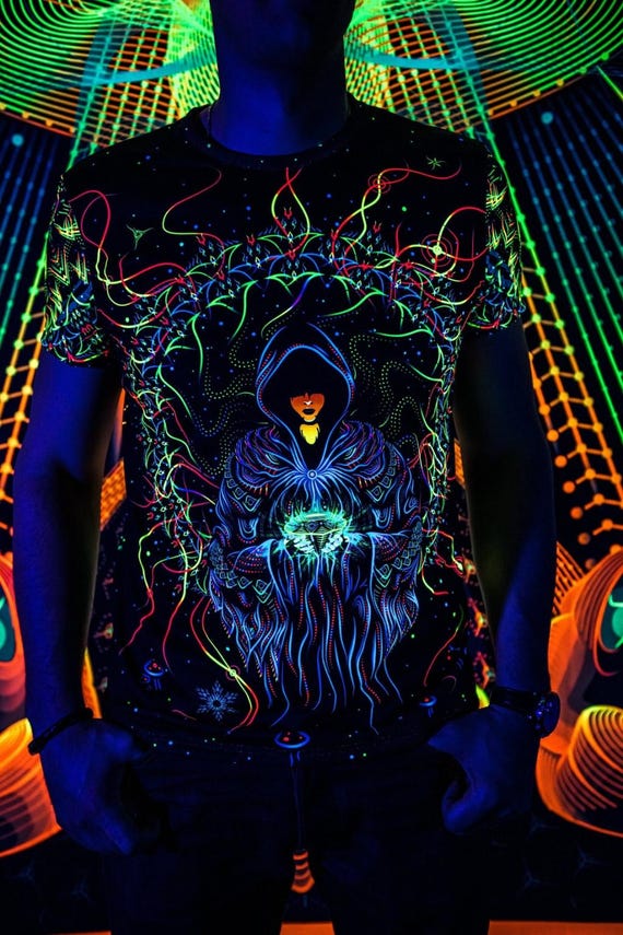 Blacklight Psychedelic and Neon Ultraviolet Active T-shirt "Crystal Wizard" for Men and Unisex, Psytrance Goa Party