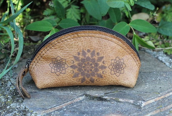 Alternative view of Mandala Leather Coin Pouch: Half Moon Lotus Wallet, Personalized