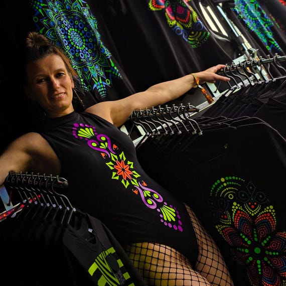 Alternative view of Blacklight Mandala Bodysuit | Handmade UV Reactive Design | Bold Festival  Everyday Fashion