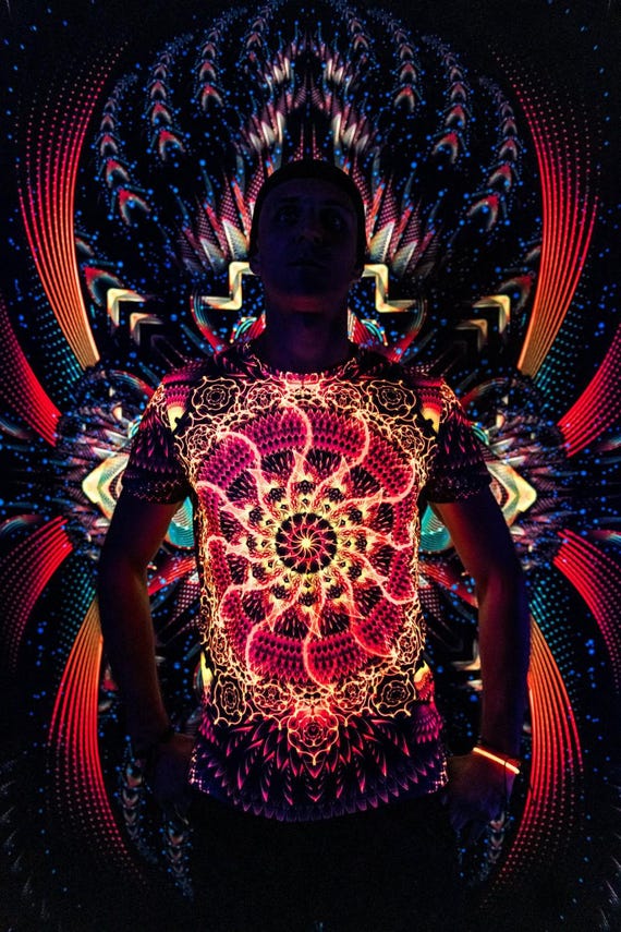 Alternative view of Blacklight Psychedelic and Neon Ultraviolet Active T-shirt "Agni" for Men and Unisex, Psytrance Goa Party
