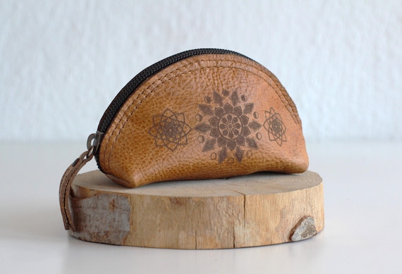 Mandala Leather Coin Pouch: Half Moon Lotus Wallet, Personalized