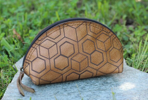 Alternative view of Brown Leather Coin Pouch: Hexagon Pattern Half Moon Wallet