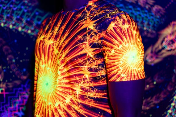 Alternative view of Blacklight Psychedelic and Neon Ultraviolet Active T-shirt "Fractal Supernova" for Men and Unisex