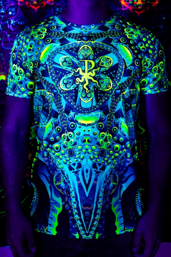 Blacklight Psychedelic and Neon Ultraviolet Active T-shirt "Proxeeus" for Men and Unisex, Psytrance Goa Party