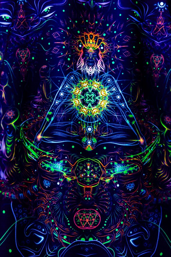 Alternative view of Blacklight Psychedelic and Neon Ultraviolet Active T-shirt "Reincarnation" for Men and Unisex, Psytrance Goa Party