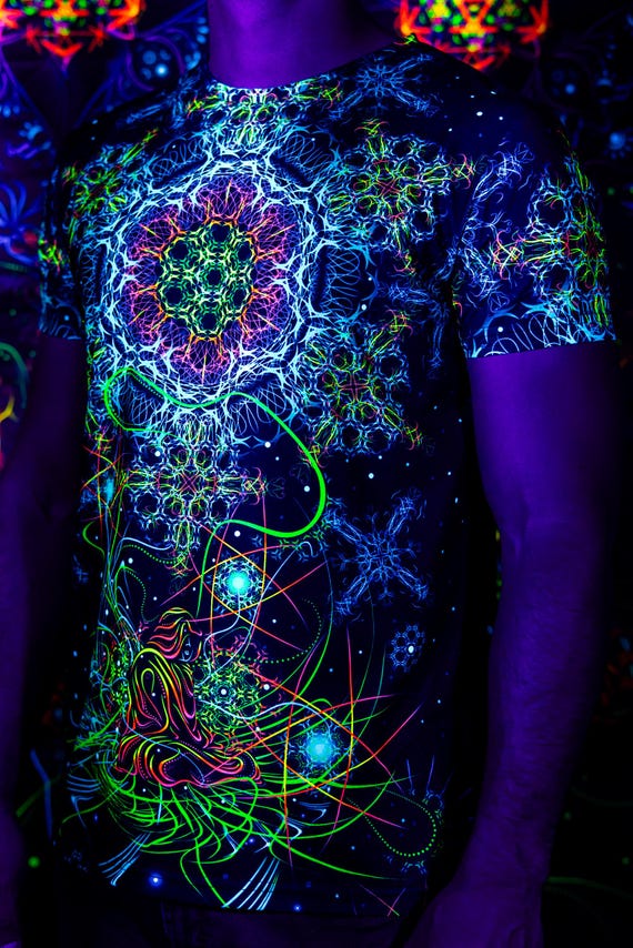 Alternative view of Blacklight Psychedelic and Neon Ultraviolet Active T-shirt "Space Of Power" for Men and Unisex, Psytrance Goa Party