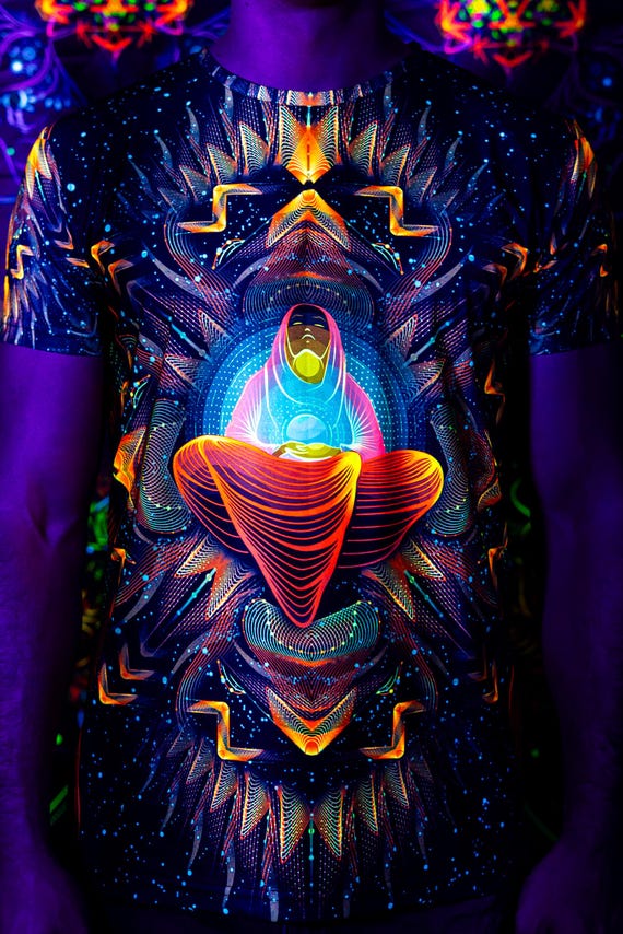 Blacklight Psychedelic and Neon Ultraviolet Active T-shirt "Star Monk" for Men and Unisex, Psytrance Goa Party