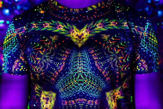 Alternative view of Blacklight Psychedelic and Neon Ultraviolet Active T-shirt "Cosmic Snakes" for Men and Unisex, Psytrance Goa Party