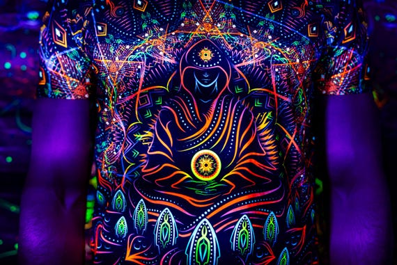 Alternative view of Blacklight Psychedelic and Neon Ultraviolet Active T-shirt "GS Radio" for Men and Unisex, Psytrance Goa Party