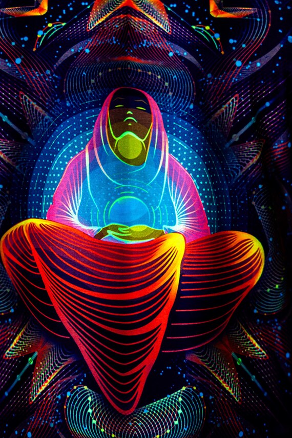 Alternative view of Blacklight Psychedelic and Neon Ultraviolet Active T-shirt "Star Monk" for Men and Unisex, Psytrance Goa Party