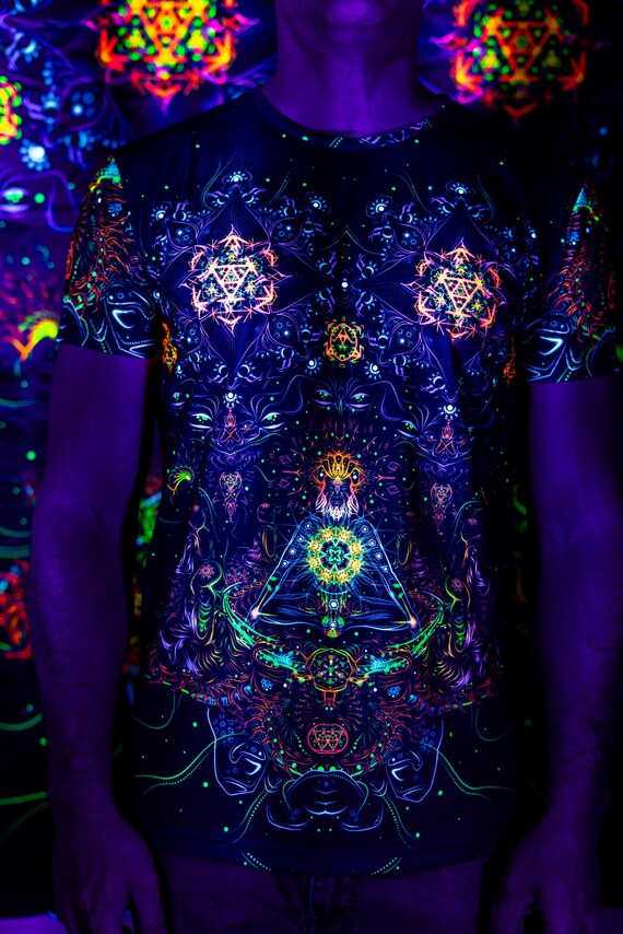 Blacklight Psychedelic and Neon Ultraviolet Active T-shirt "Reincarnation" for Men and Unisex, Psytrance Goa Party